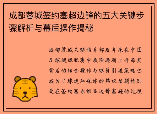 成都蓉城签约塞超边锋的五大关键步骤解析与幕后操作揭秘